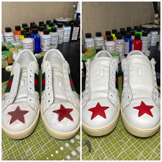 Đôi giày trắng trước và sau khi sơn lại thân giày